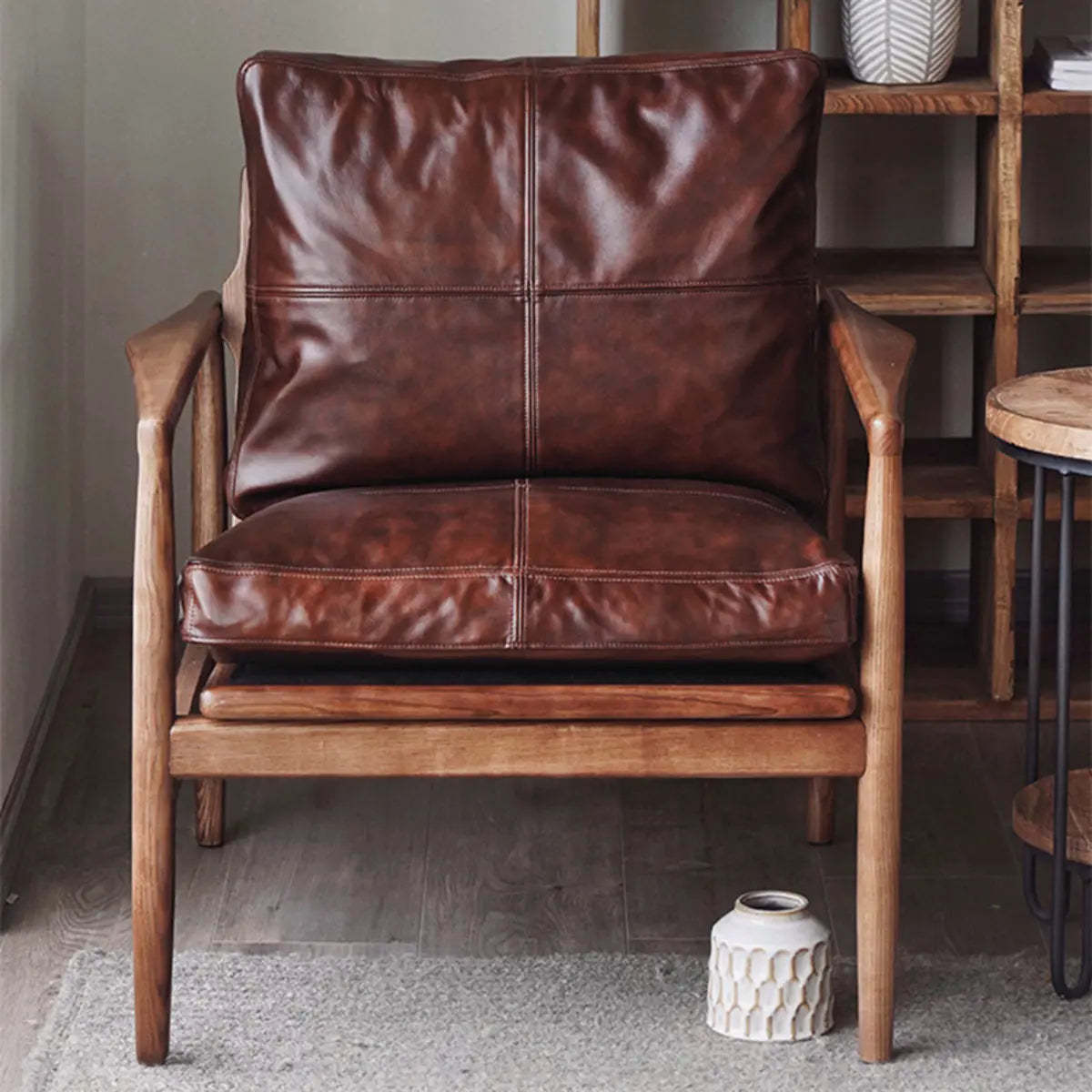 Scratch Resistant Leather Cushion Back Arm Chair — Army Green / Walnut / Tech Cloth