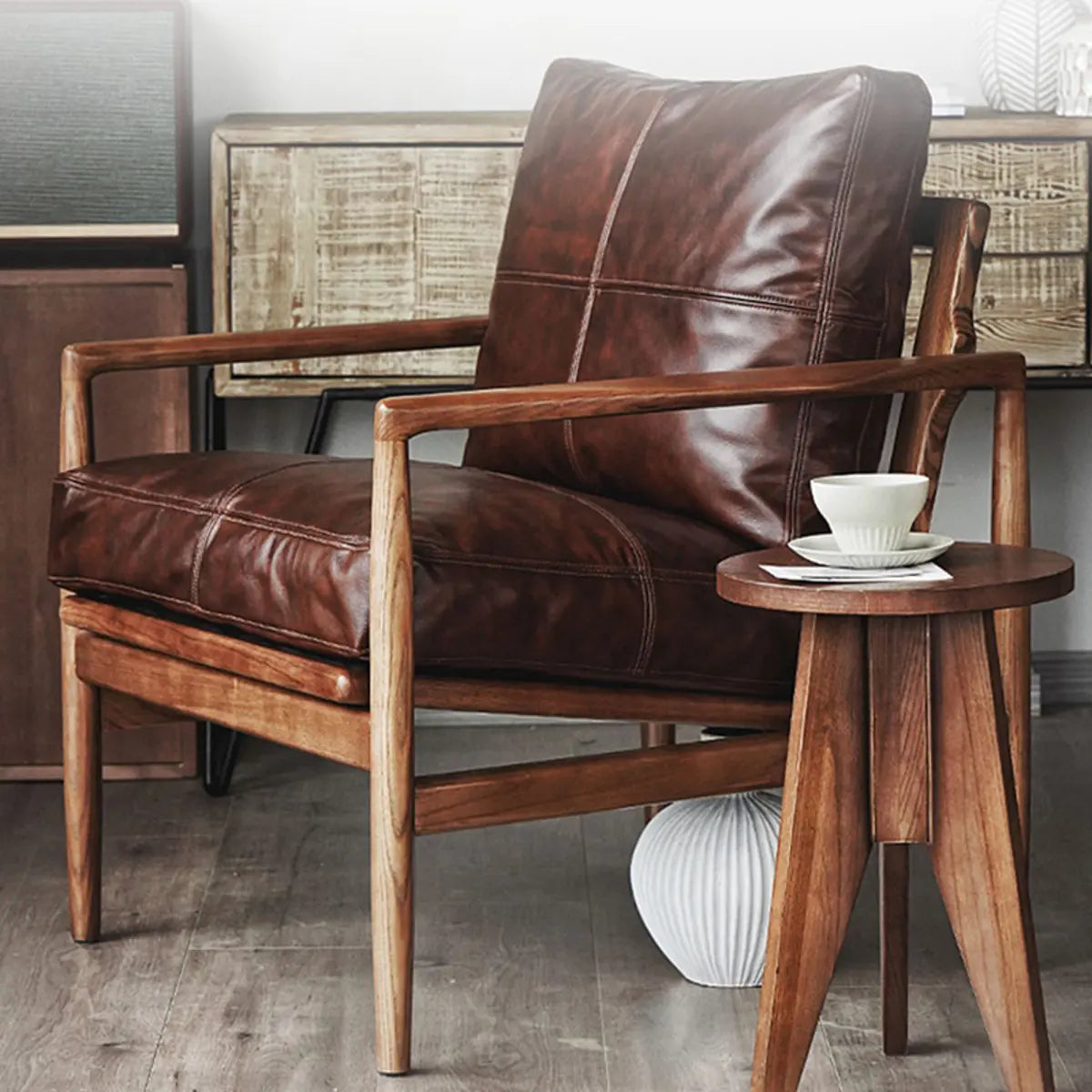 Scratch Resistant Leather Cushion Back Arm Chair — Black / Walnut / Tech Cloth