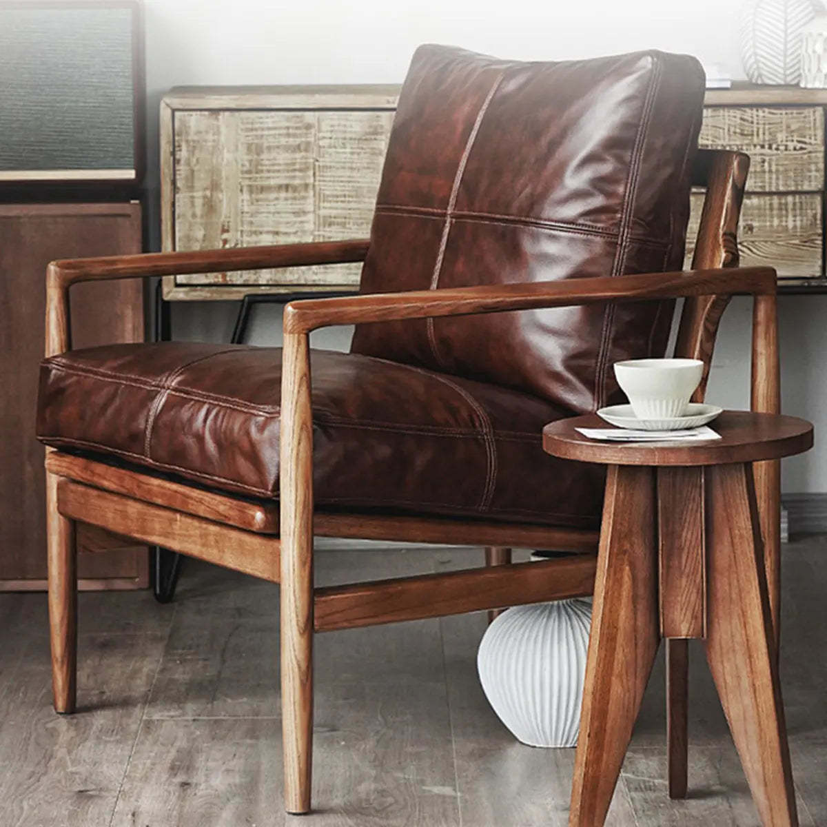 Scratch Resistant Leather Cushion Back Arm Chair — Black / Walnut / Tech Cloth