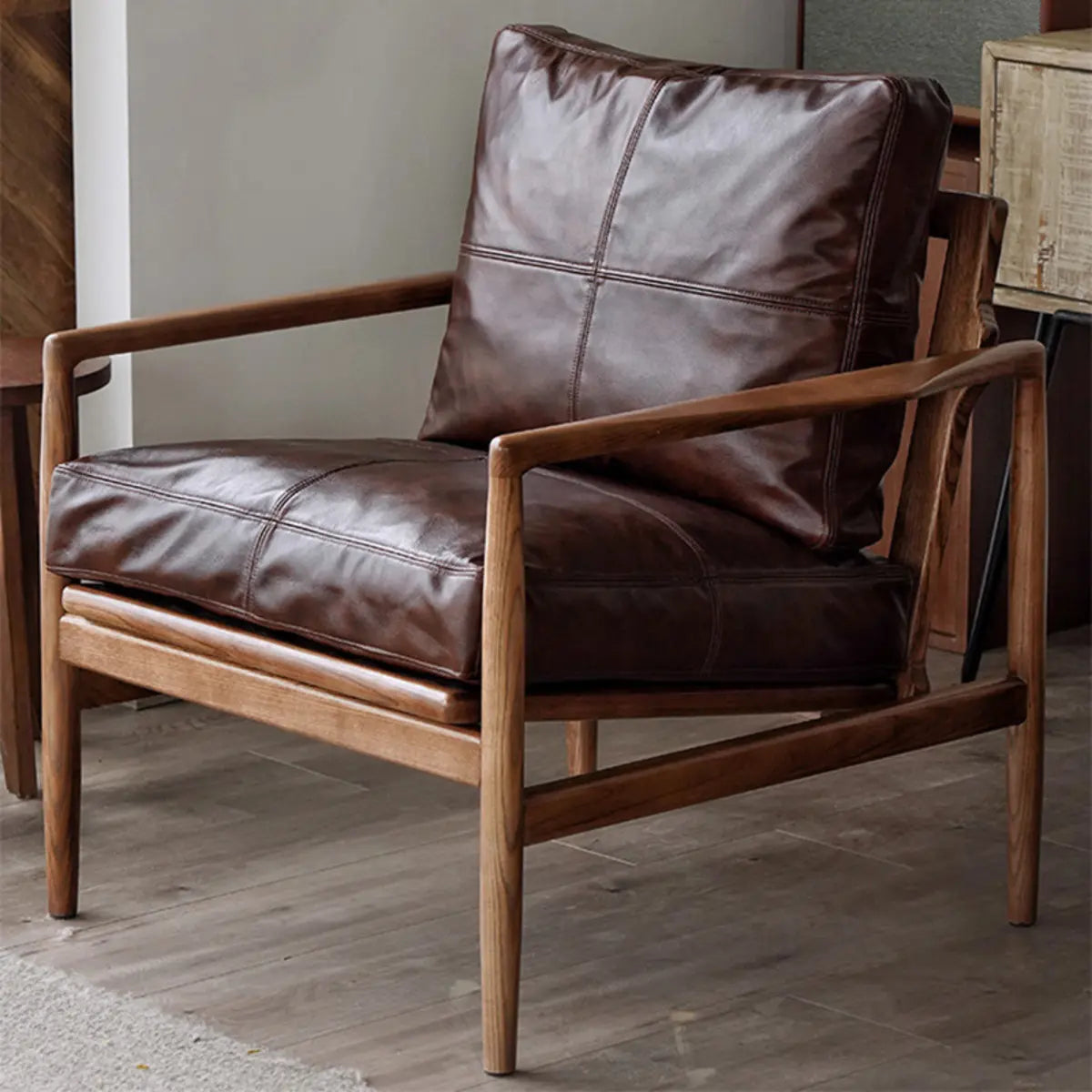 Scratch Resistant Leather Cushion Back Arm Chair — Black / Walnut / Top Layer Leather