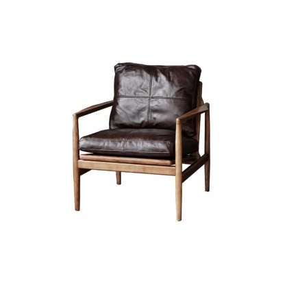 Scratch Resistant Leather Cushion Back Arm Chair — Black / Natural Wood / Top Layer Leather