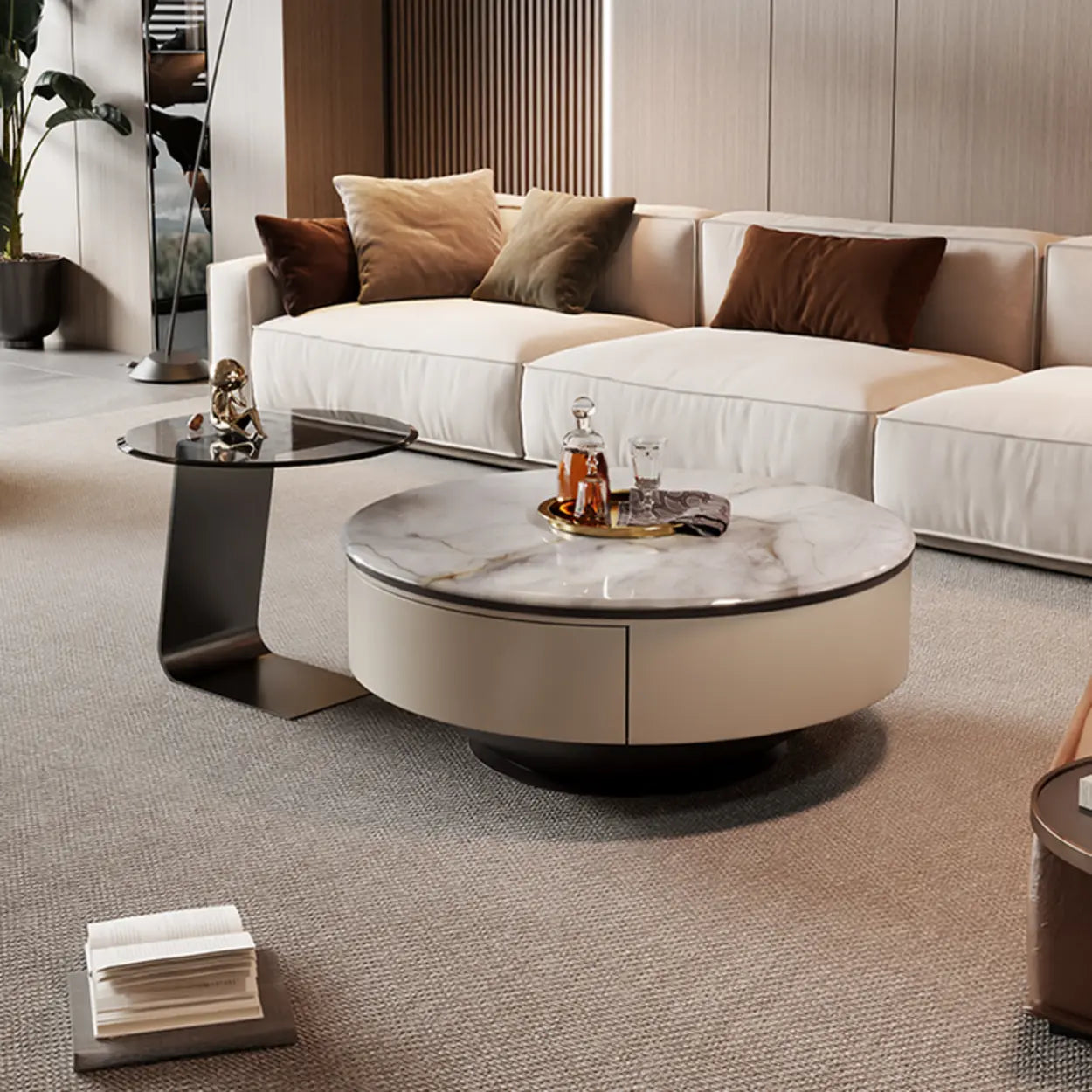 Scratch Resistant Round Marble Storage Coffee Table — White