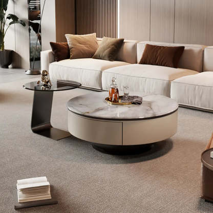 Scratch Resistant Round Marble Storage Coffee Table — White