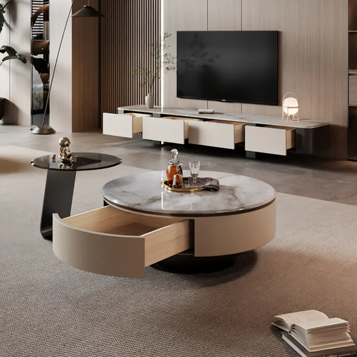 Scratch Resistant Round Marble Storage Coffee Table