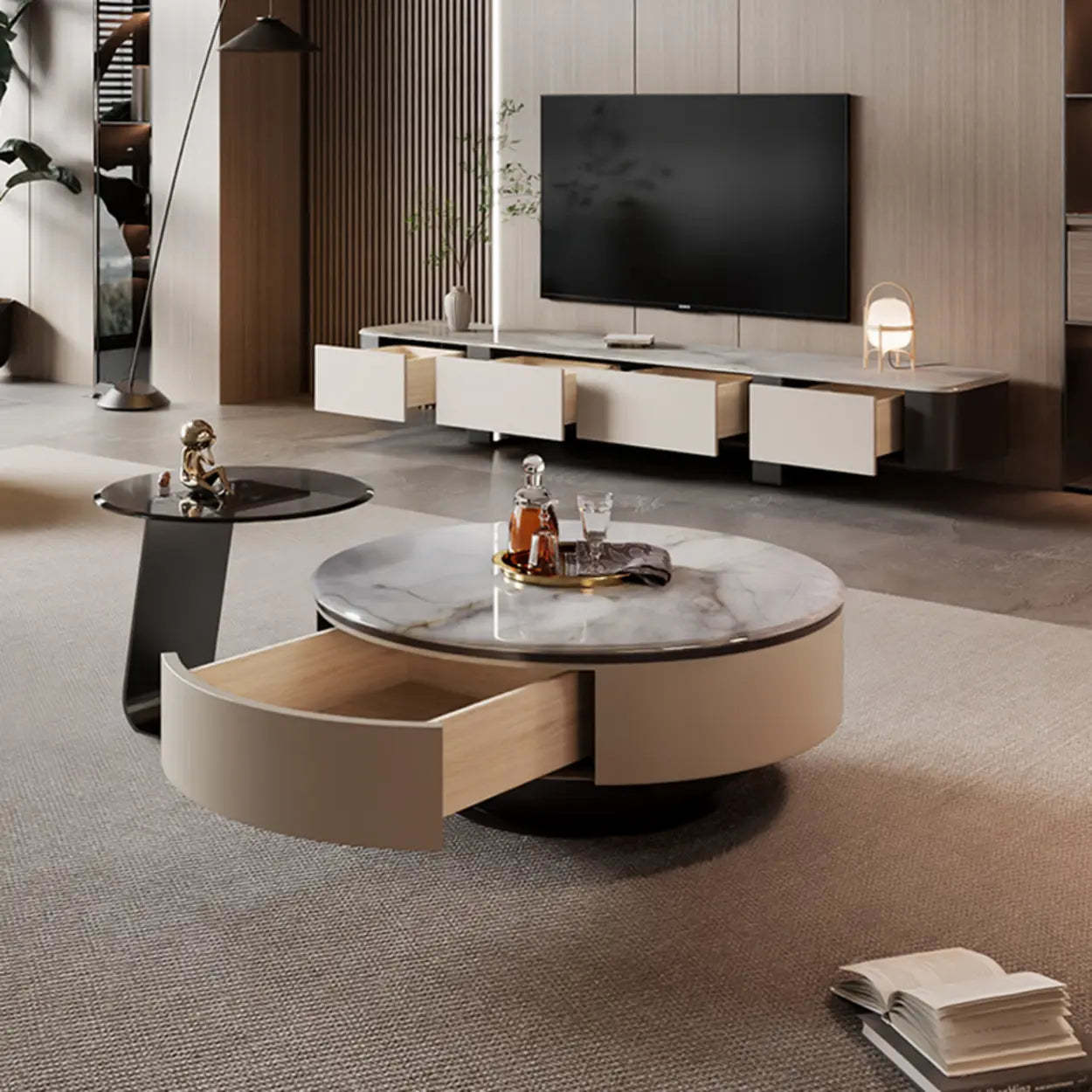 Scratch Resistant Round Marble Storage Coffee Table