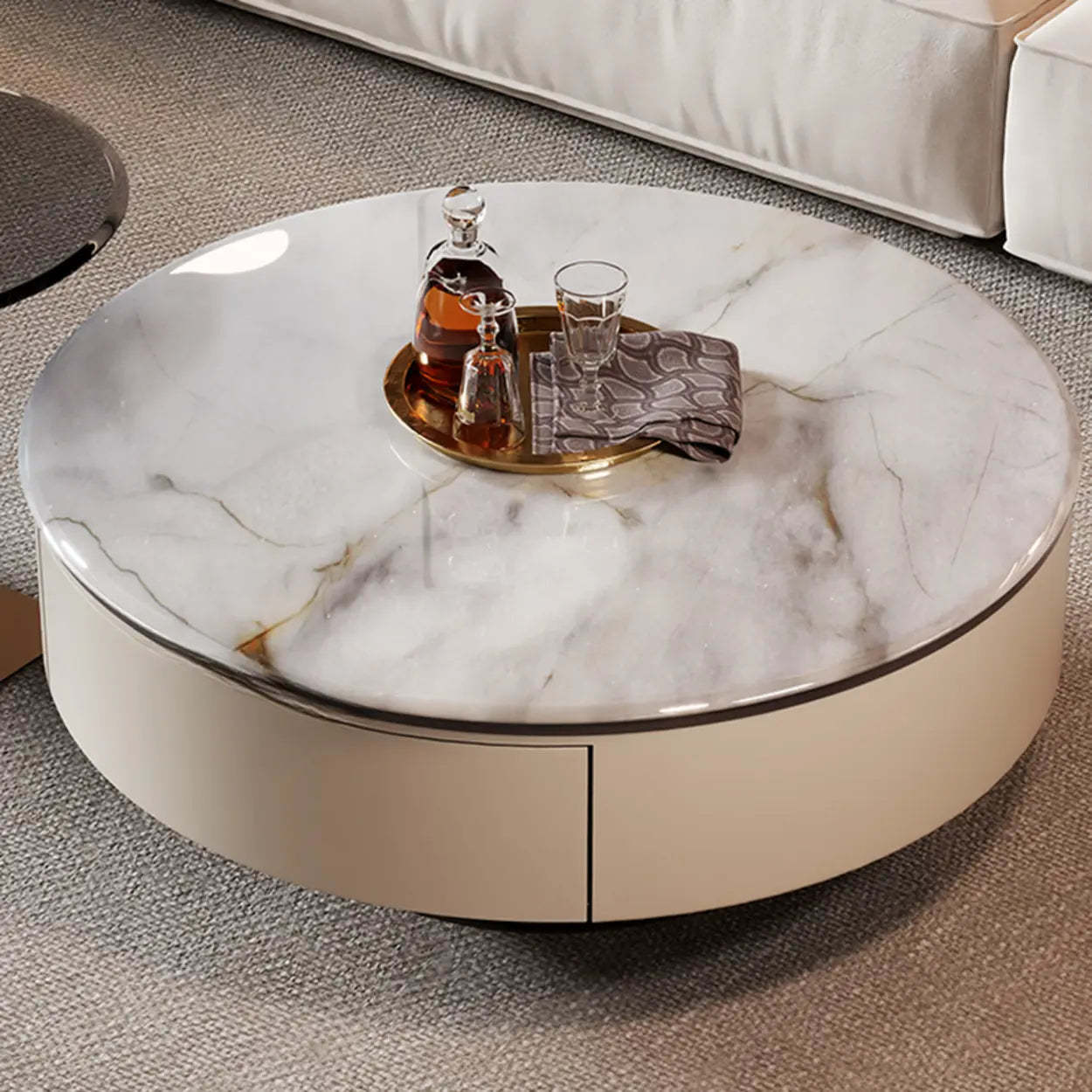 Scratch Resistant Round Marble Storage Coffee Table