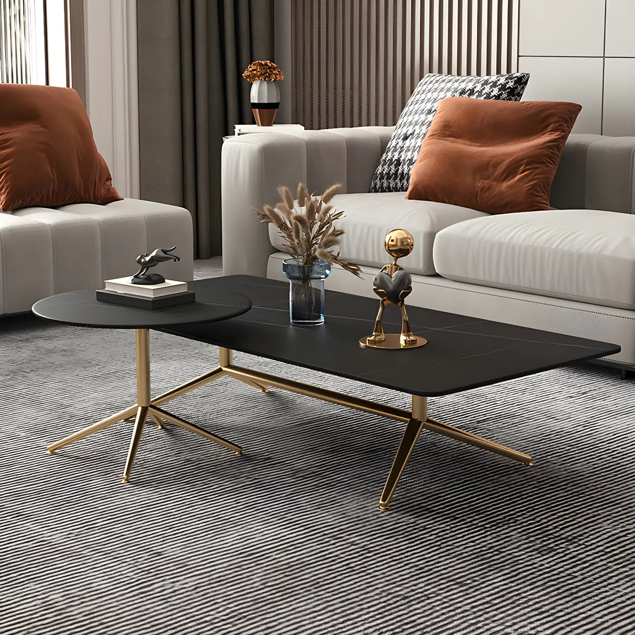 Stone Top Trestle-Base Coffee Table — Black / White
