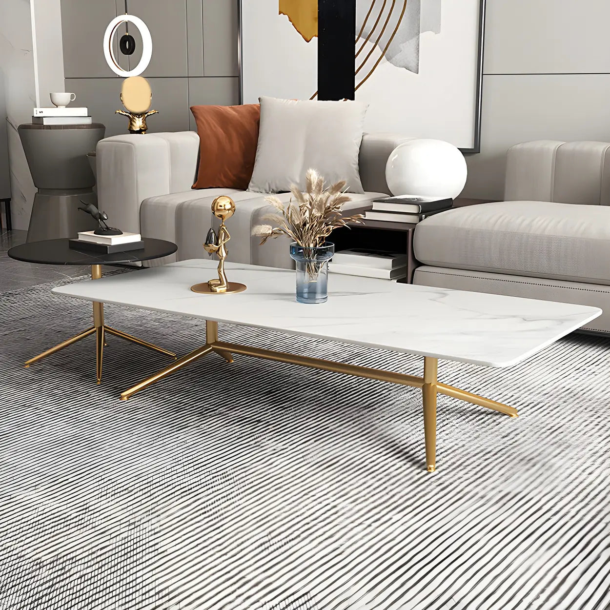 Stone Top Trestle-Base Coffee Table — Gold / Black/ Gold