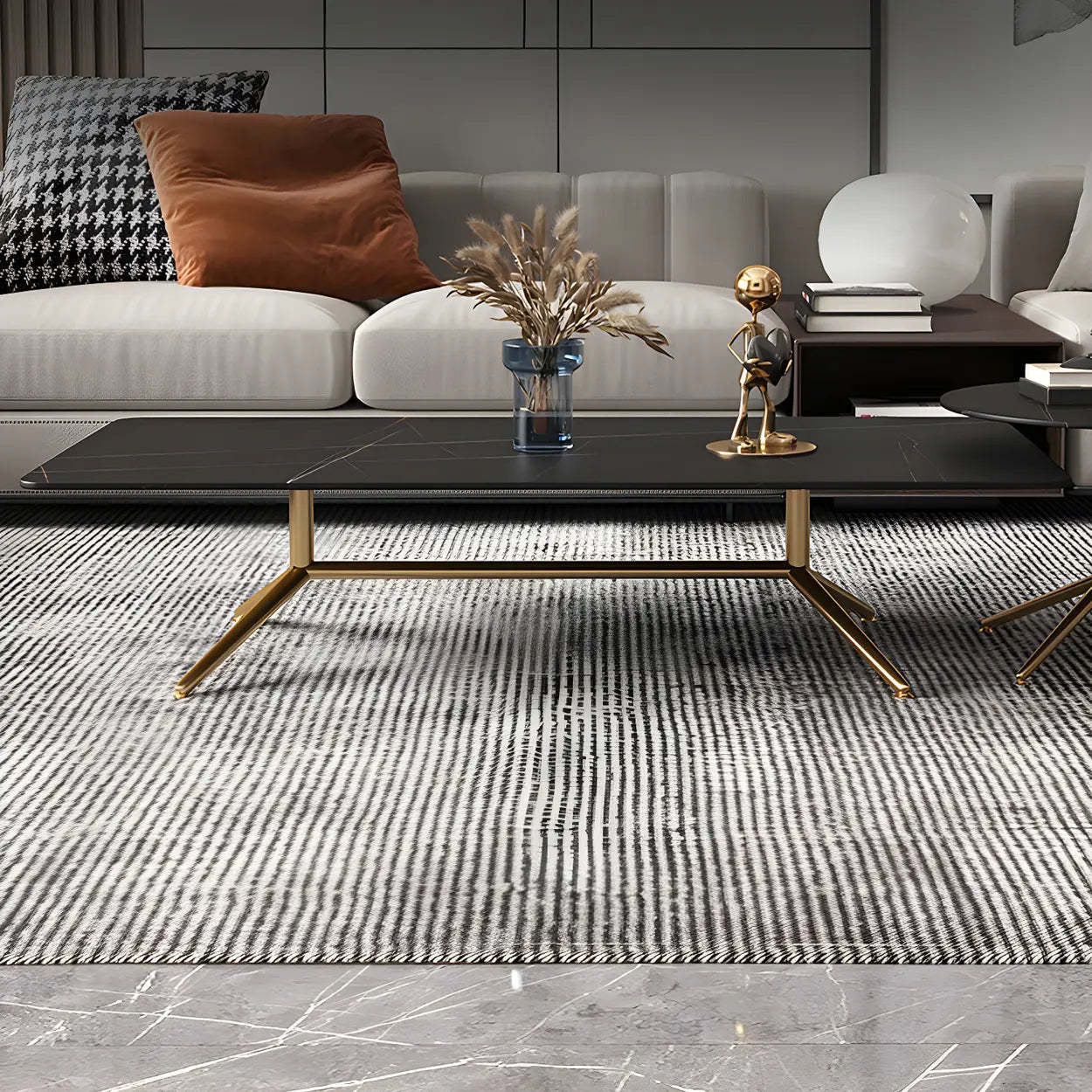 Stone Top Trestle-Base Coffee Table — Black / Black/ Gold