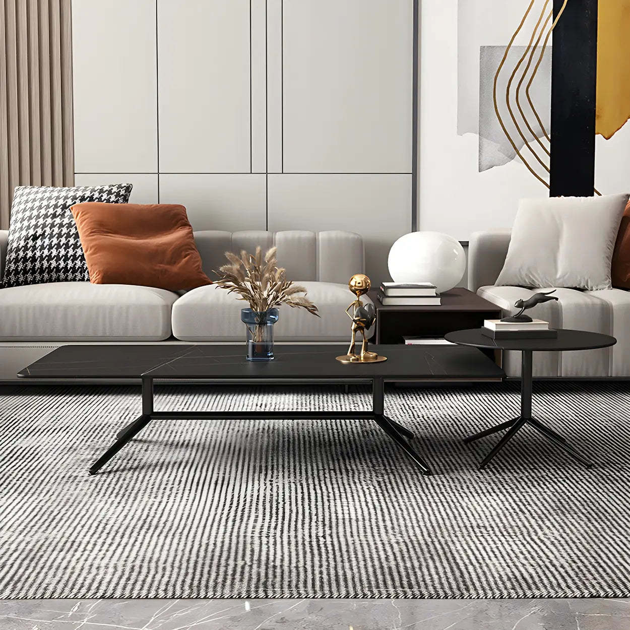 Stone Top Trestle-Base Coffee Table — Gold / Black/ Gold