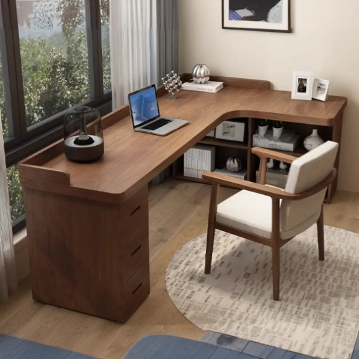 Sepia L-Shape Computer Desk with Drawers and Shelves — Table Only