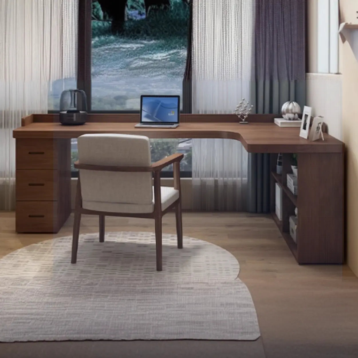Sepia L-Shape Computer Desk with Drawers and Shelves — Table Only