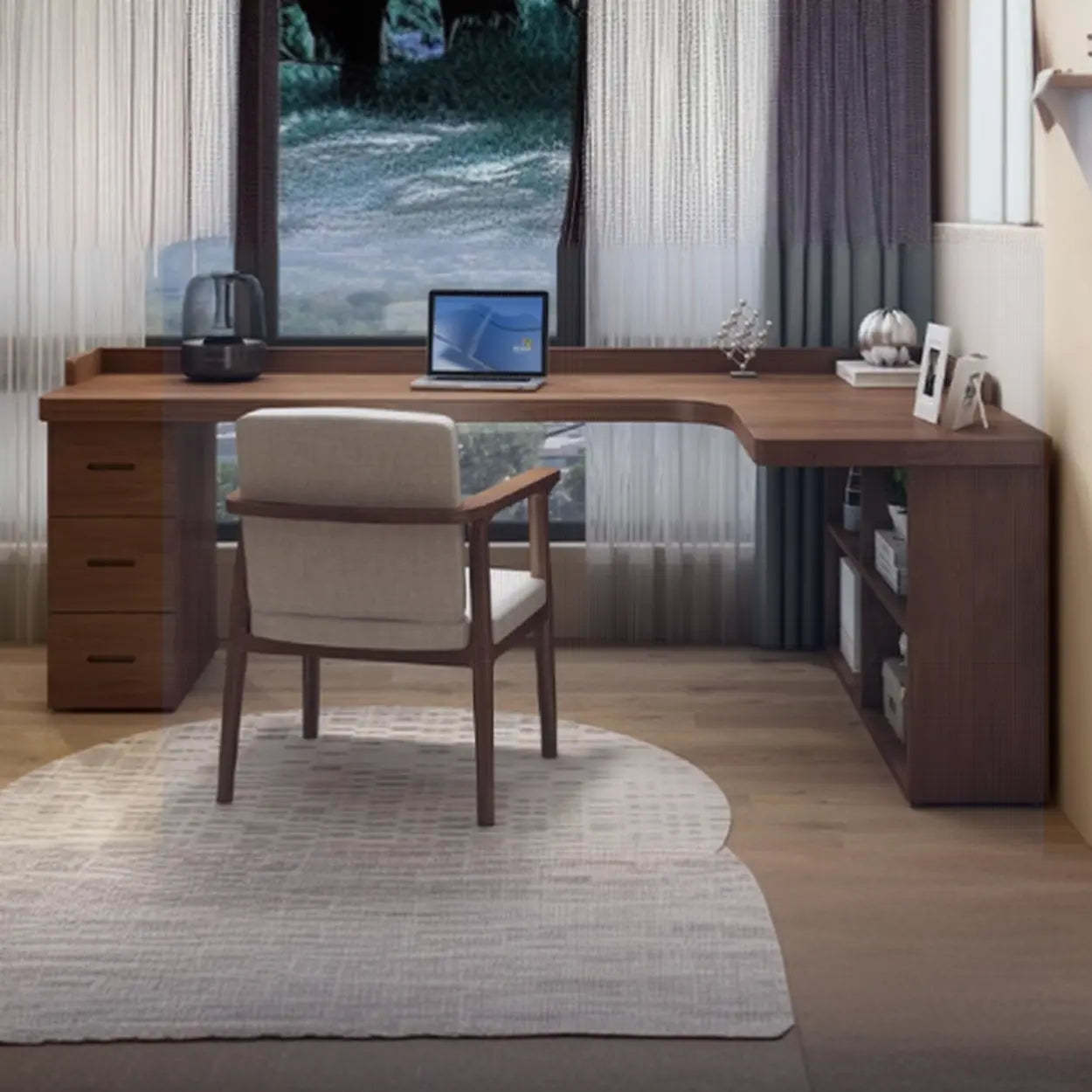 Sepia L-Shape Computer Desk with Drawers and Shelves — Table Only