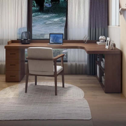 Sepia L-Shape Computer Desk with Drawers and Shelves — Table Only