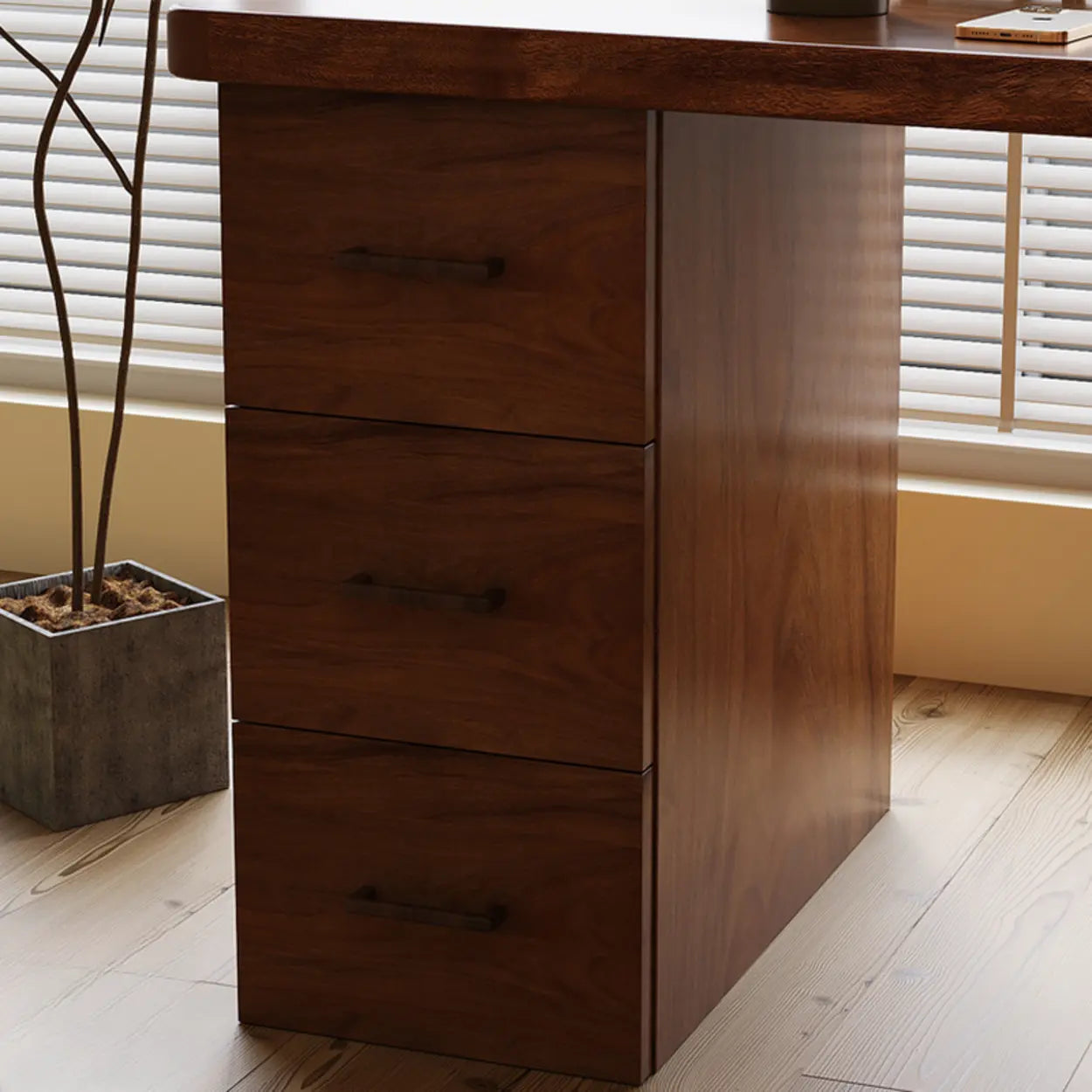Sepia L-Shape Computer Desk with Drawers and Shelves — Table Only
