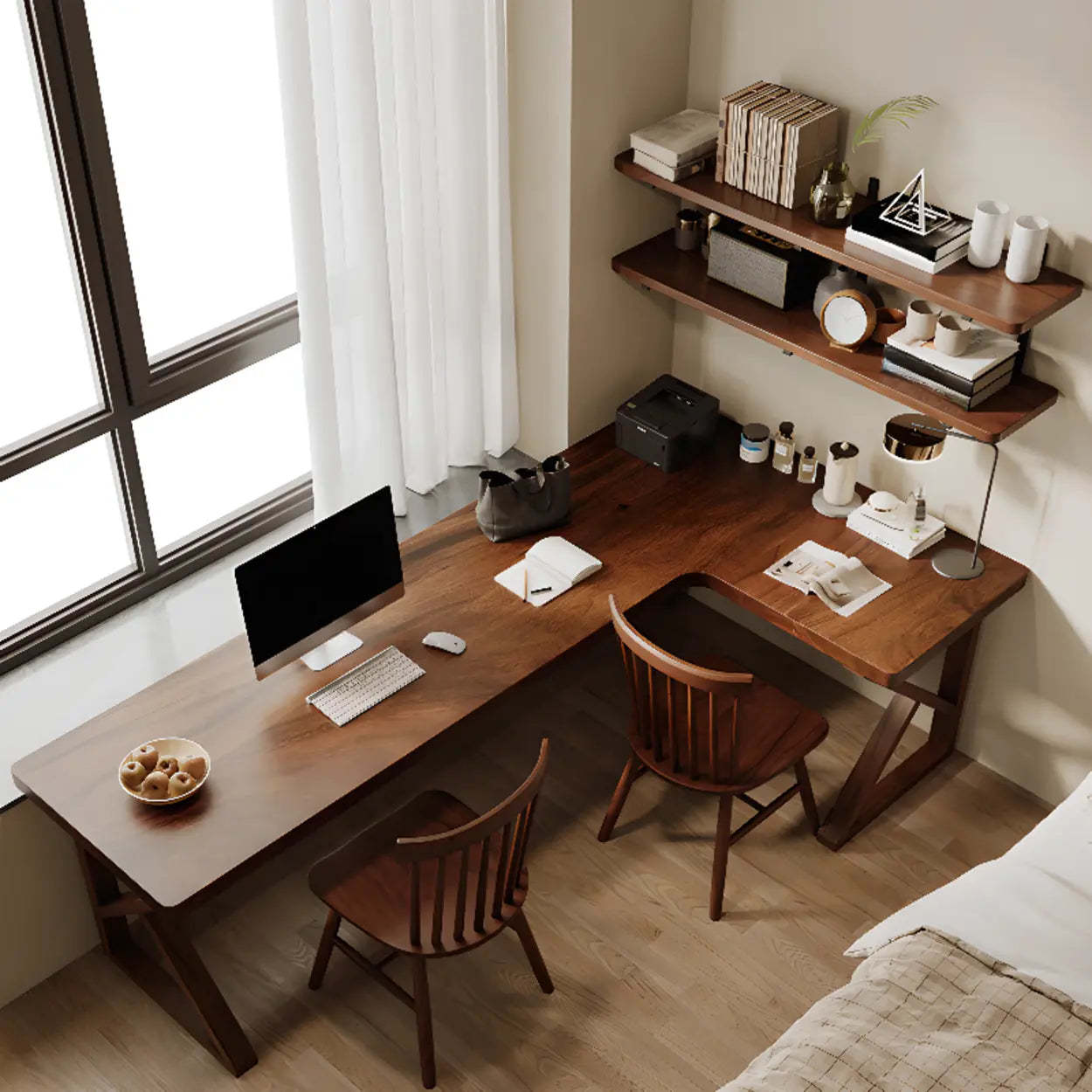 Sepia L-Shape Double Deep Wood Computer Desk — Table Only