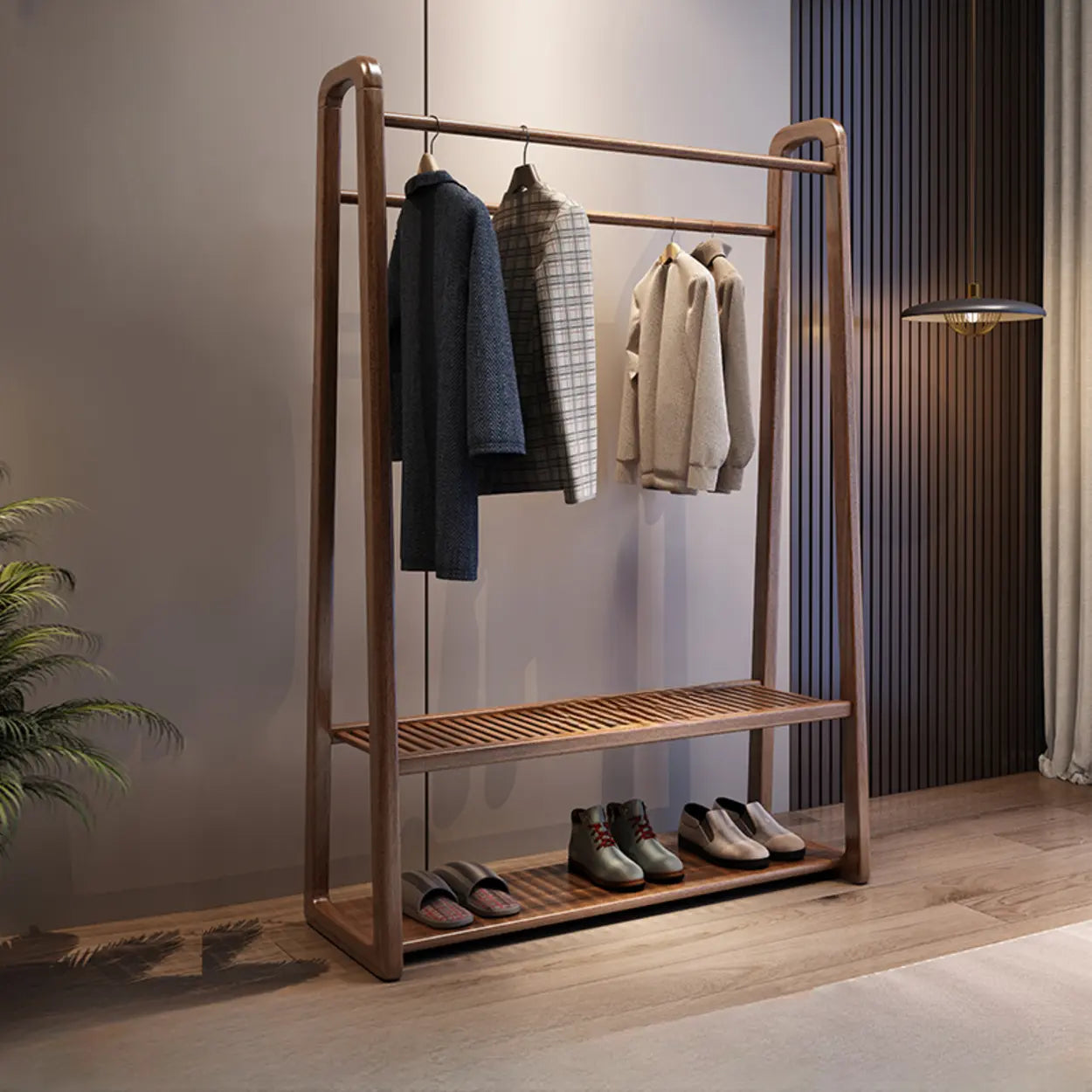 Modern freestanding coat brown wood hall trees & coat racks, Lighom — 50" L x 12" W x 65" H