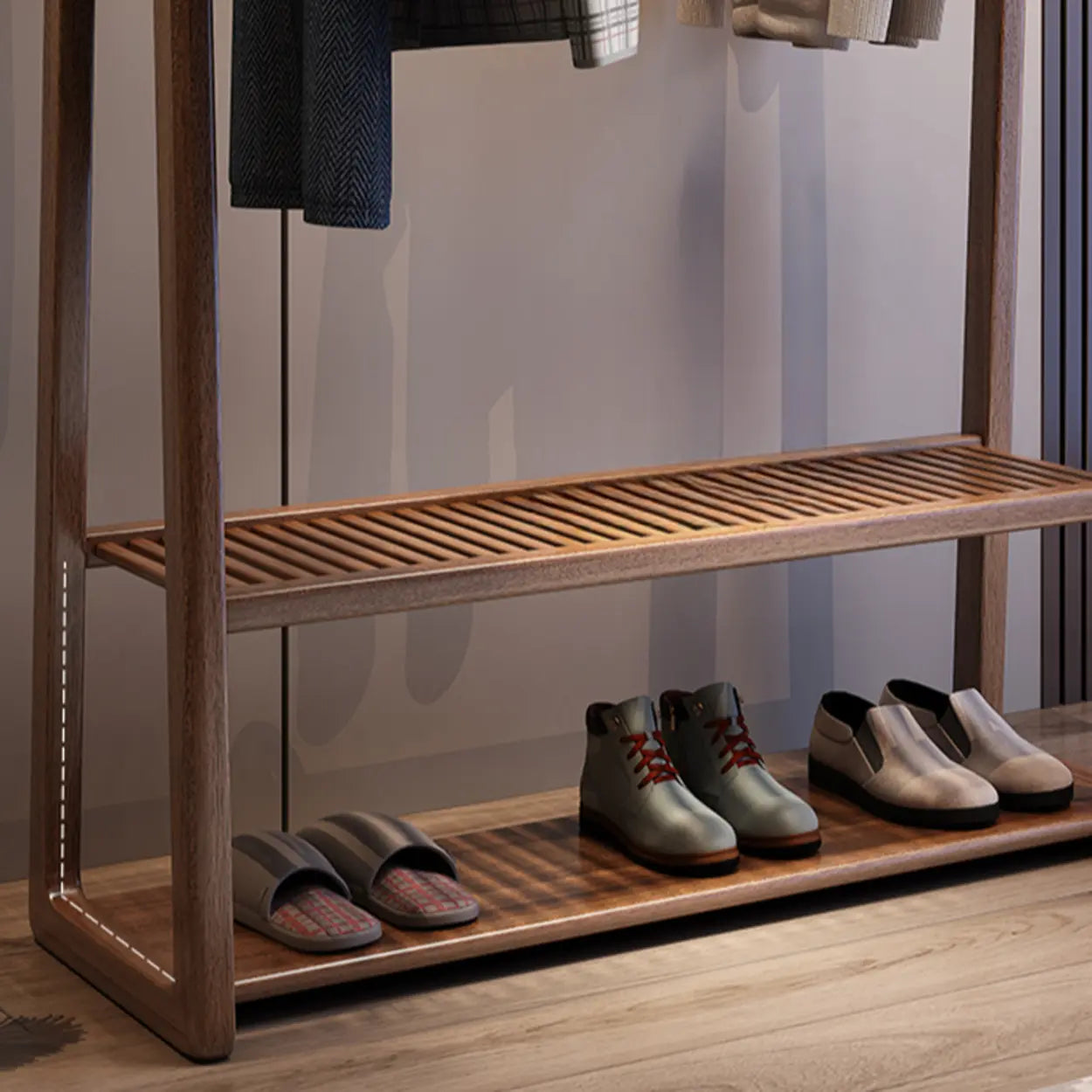 Brown Wood Freestanding Coat Rack with Mirror