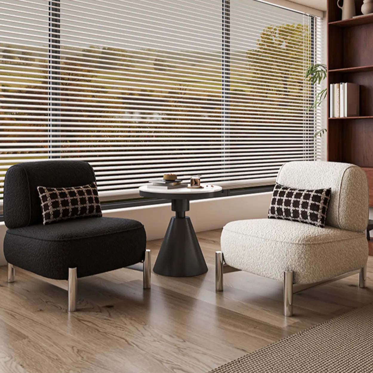 Sherpa White Lounge Accent Chair with Pillow — Sherpa / Black / Stainless Steel