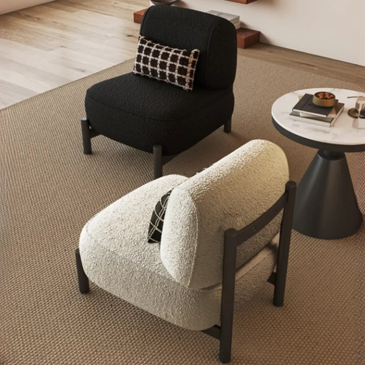 Sherpa White Lounge Accent Chair with Pillow — Sherpa / White / Stainless Steel