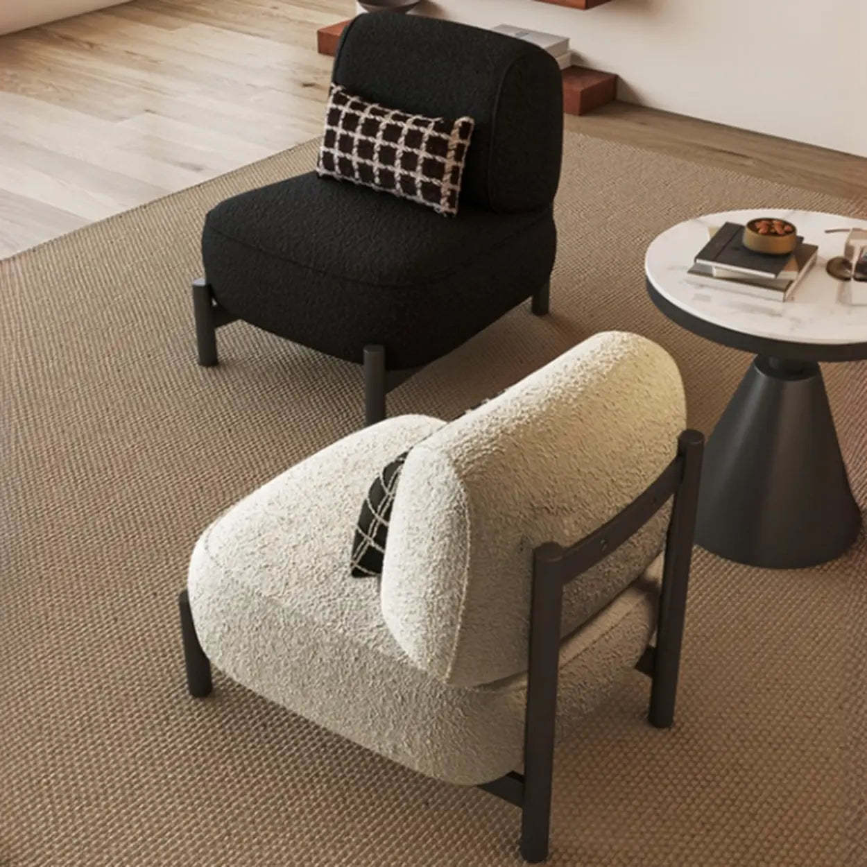 Sherpa White Lounge Accent Chair with Pillow — Sherpa / White / Stainless Steel