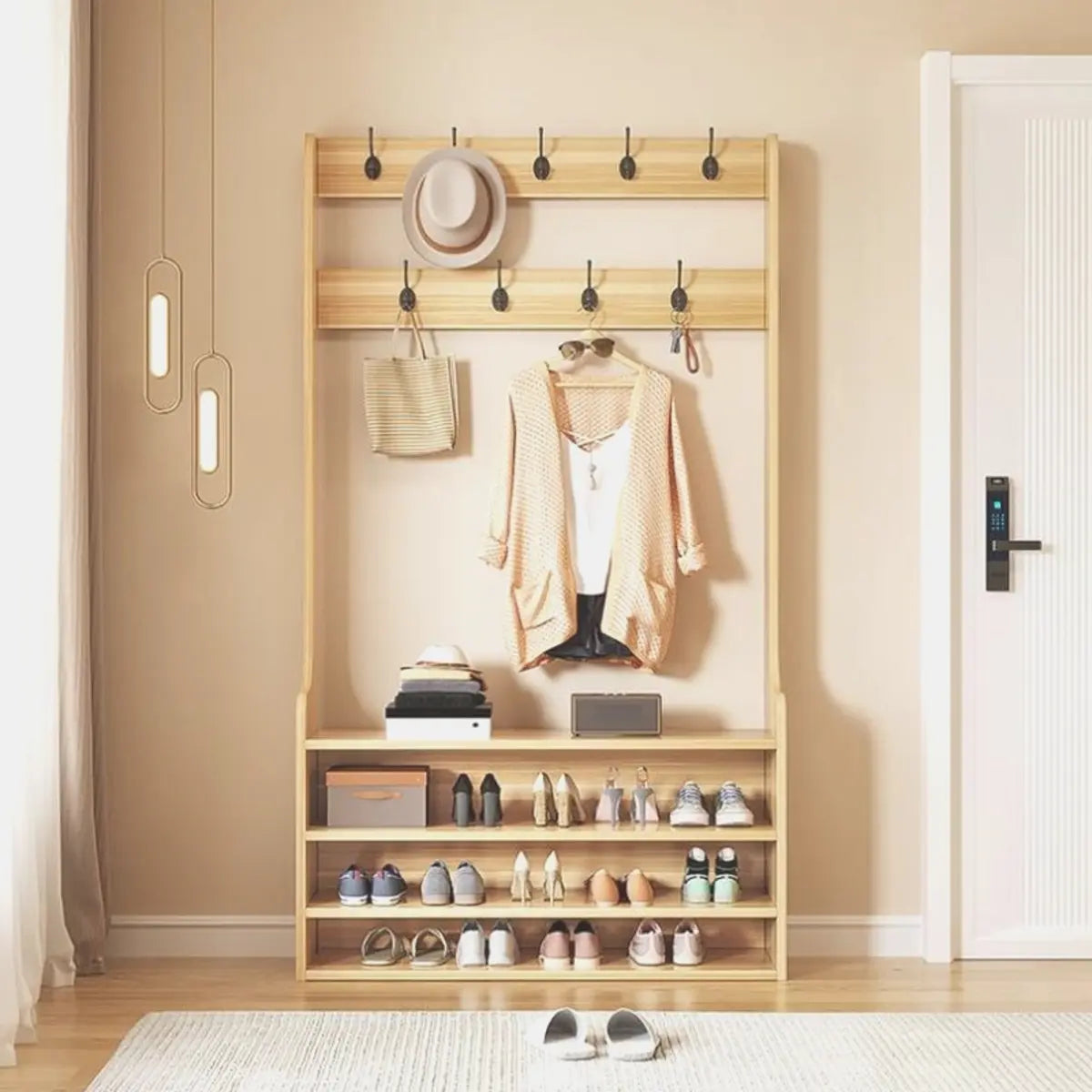 Freestanding Shoe Storage Tall Coat Rack — Brown