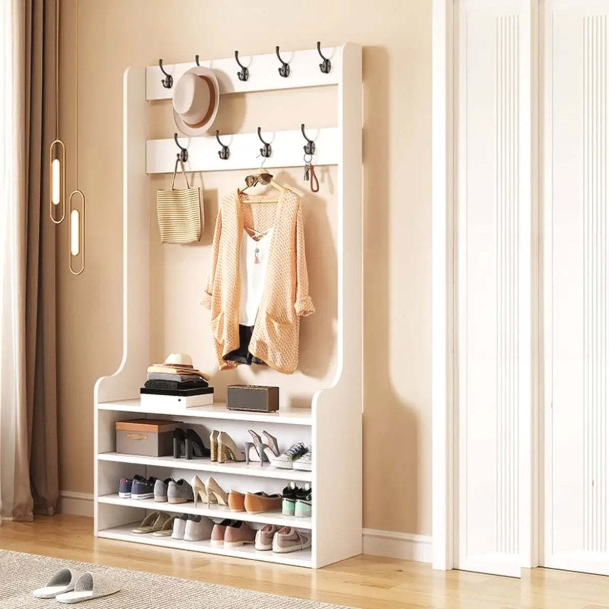Modern freestanding coat walnut wood hall trees & coat racks, Lighom — 27" L x 12" W x 71" H / White