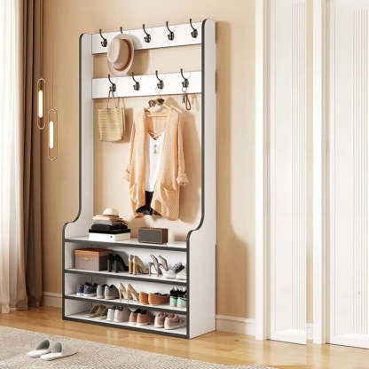 Freestanding Shoe Storage Tall Coat Rack — Light Walnut
