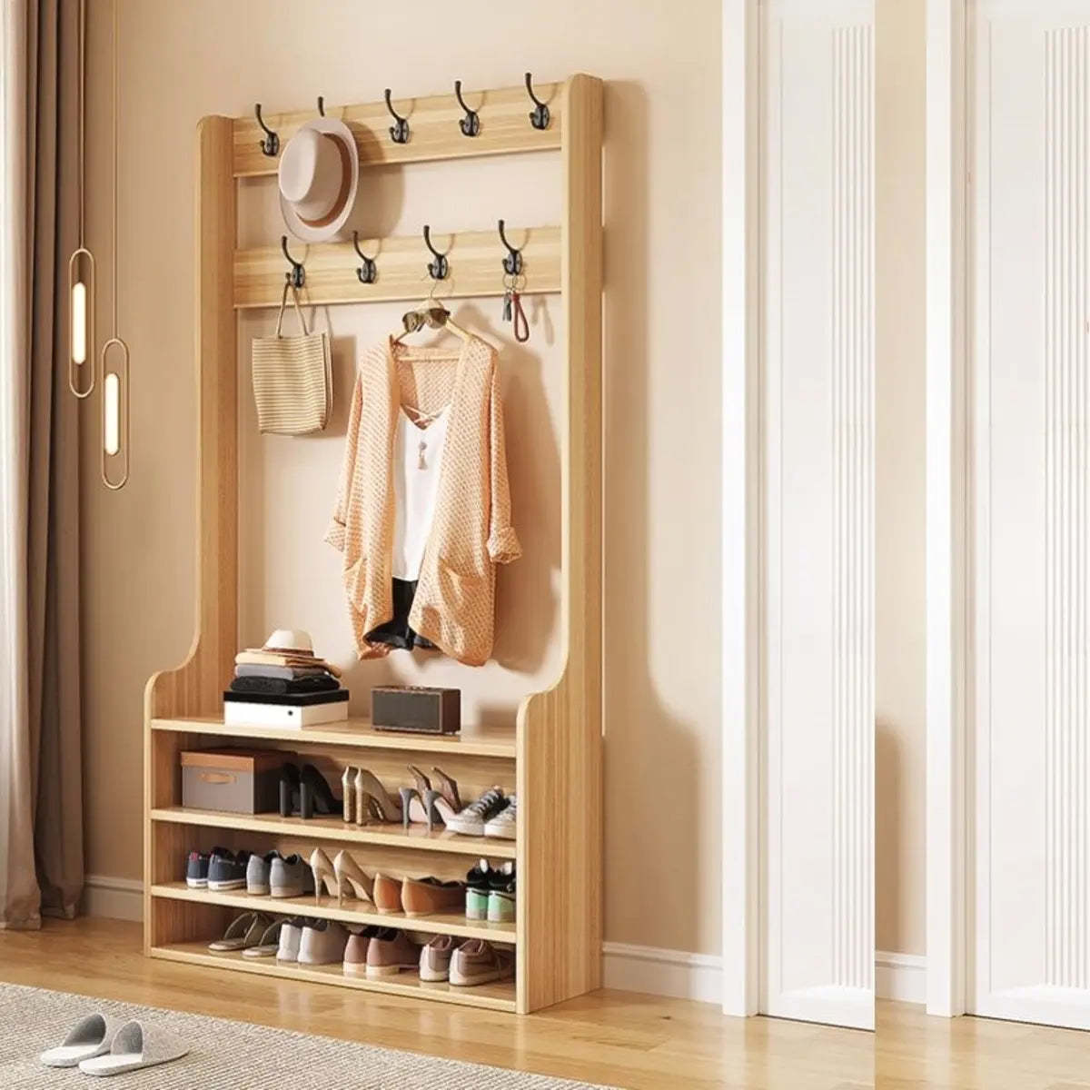 Freestanding Shoe Storage Tall Coat Rack — Light Walnut