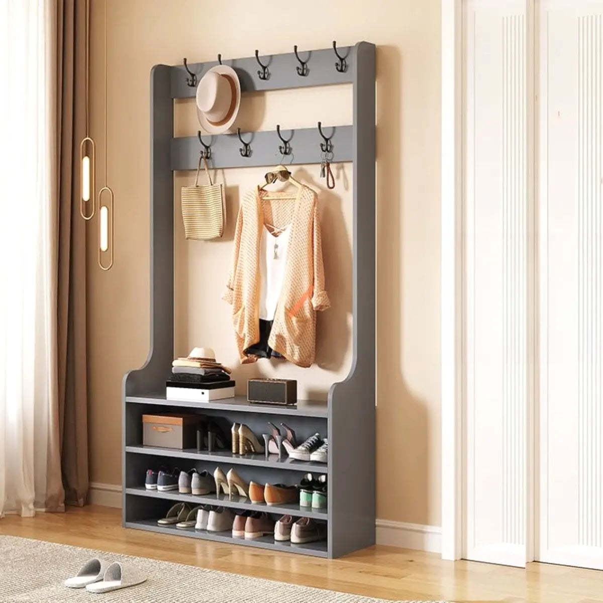 Freestanding Shoe Storage Tall Coat Rack — Light Walnut
