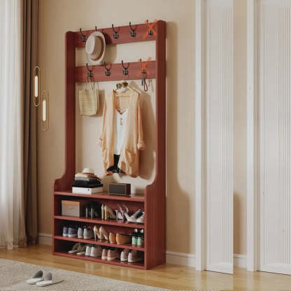Freestanding Shoe Storage Tall Coat Rack — Light Walnut