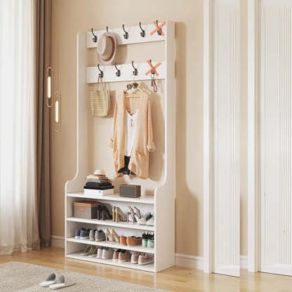 Freestanding Shoe Storage Tall Coat Rack — Light Walnut