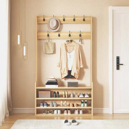 Freestanding Shoe Storage Tall Coat Rack — Brown