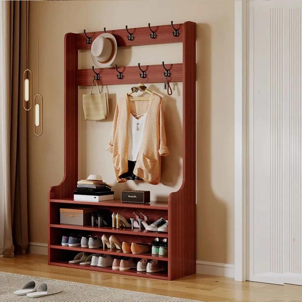 Freestanding Shoe Storage Tall Coat Rack — Brown
