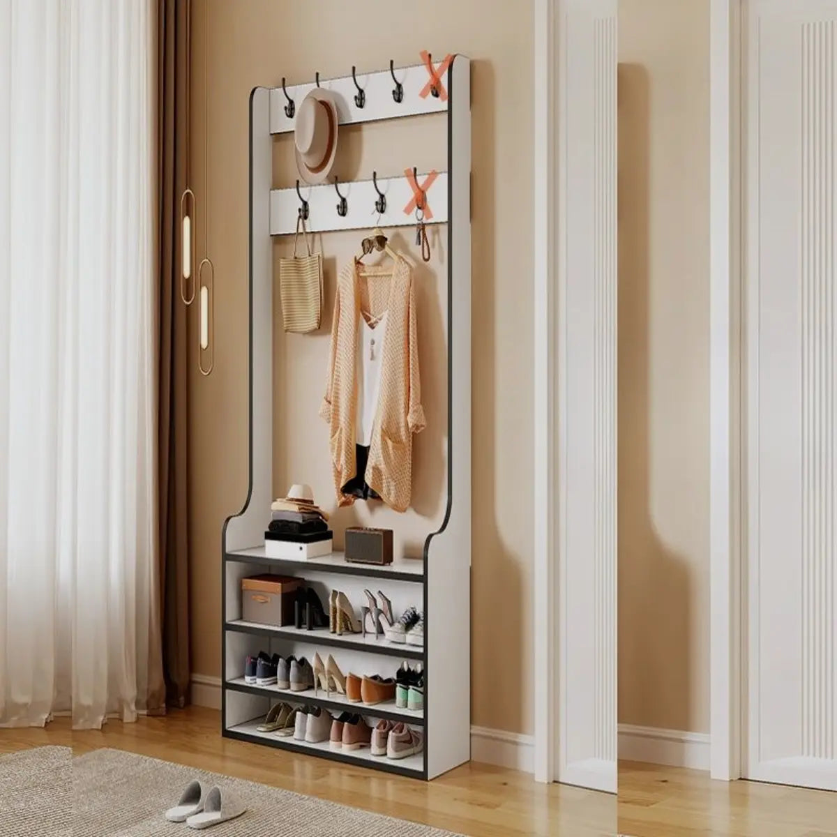 Freestanding Shoe Storage Tall Coat Rack — White