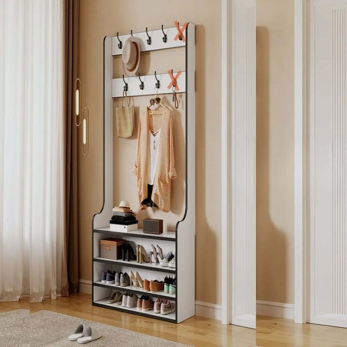 Freestanding Shoe Storage Tall Coat Rack — White