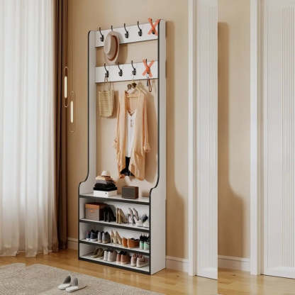 Freestanding Shoe Storage Tall Coat Rack — White