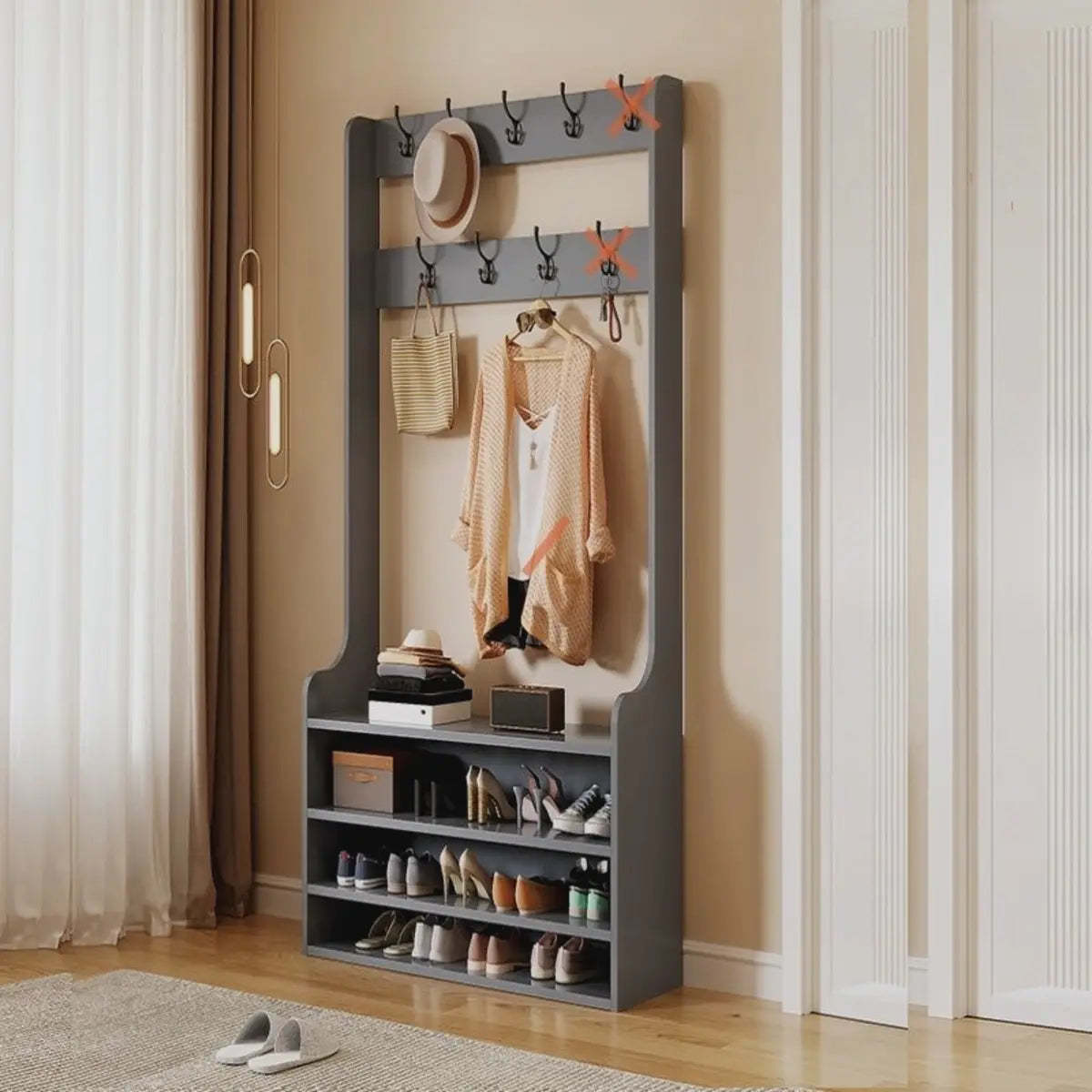 Freestanding Shoe Storage Tall Coat Rack — White-Black