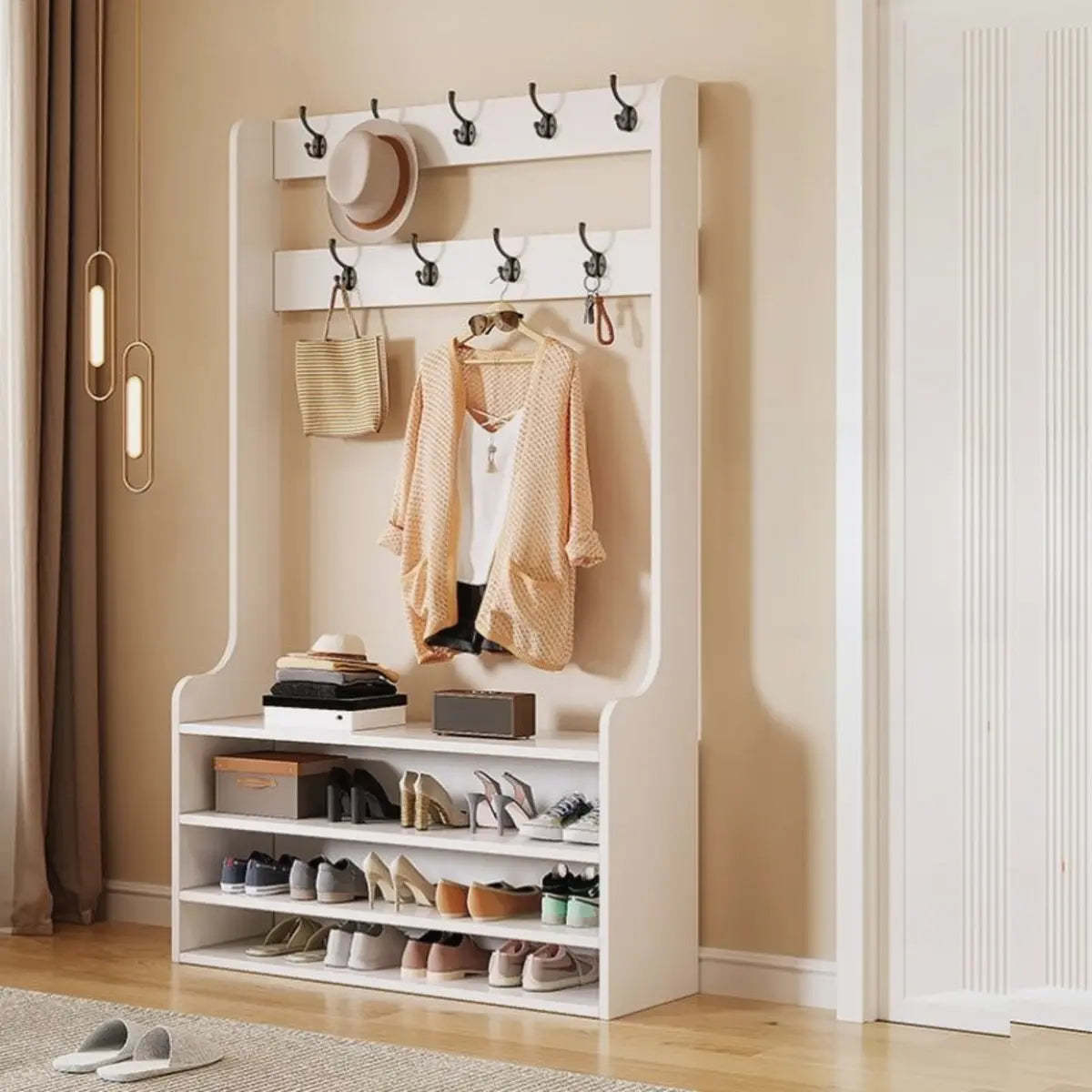 Freestanding Shoe Storage Tall Coat Rack — Brown