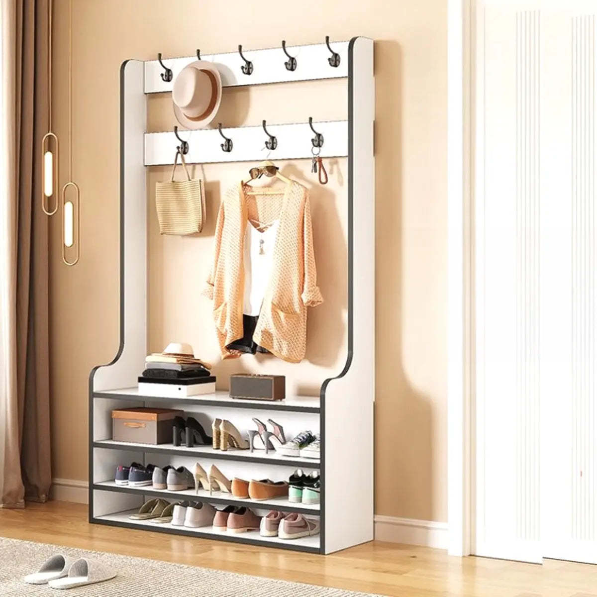 Freestanding Shoe Storage Tall Coat Rack — Brown