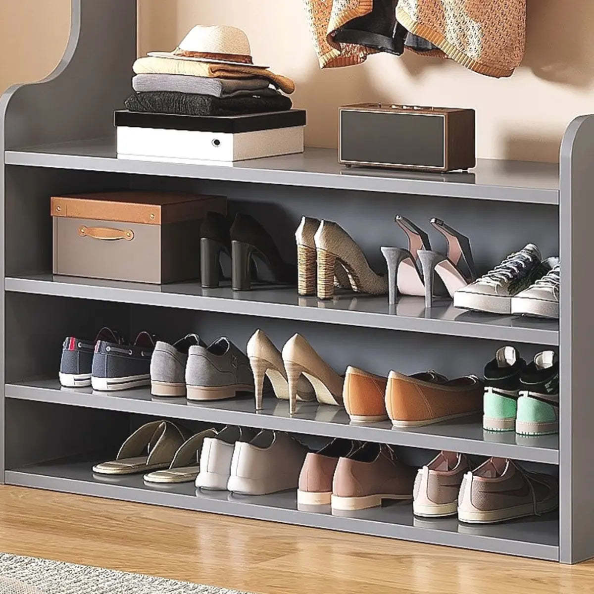 Freestanding Shoe Storage Tall Coat Rack — Brown
