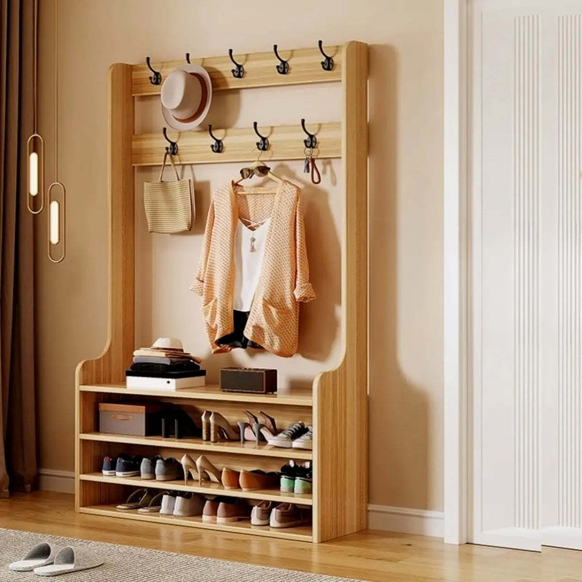 Freestanding Shoe Storage Tall Coat Rack — Grey