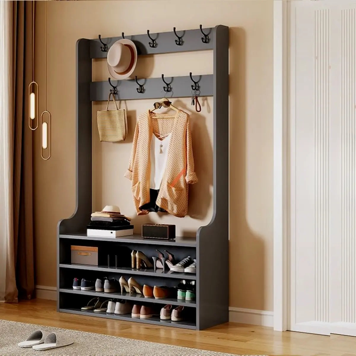 Freestanding Shoe Storage Tall Coat Rack — Grey