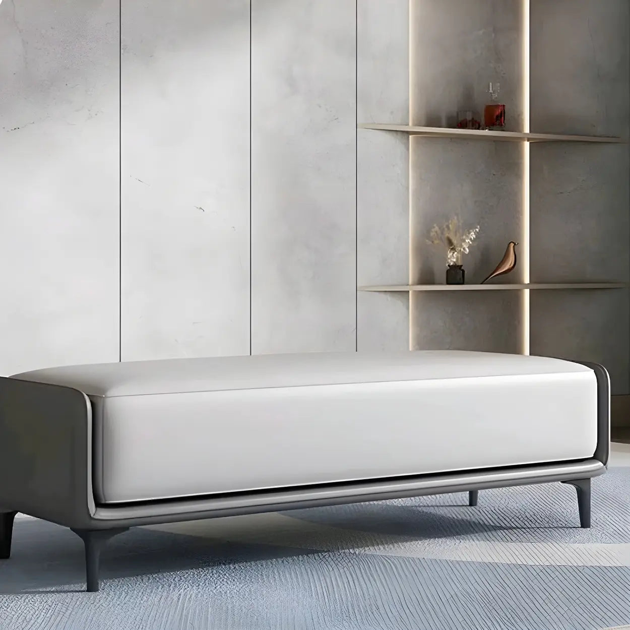 Short Gray Leather Upholstered Bedroom Bench