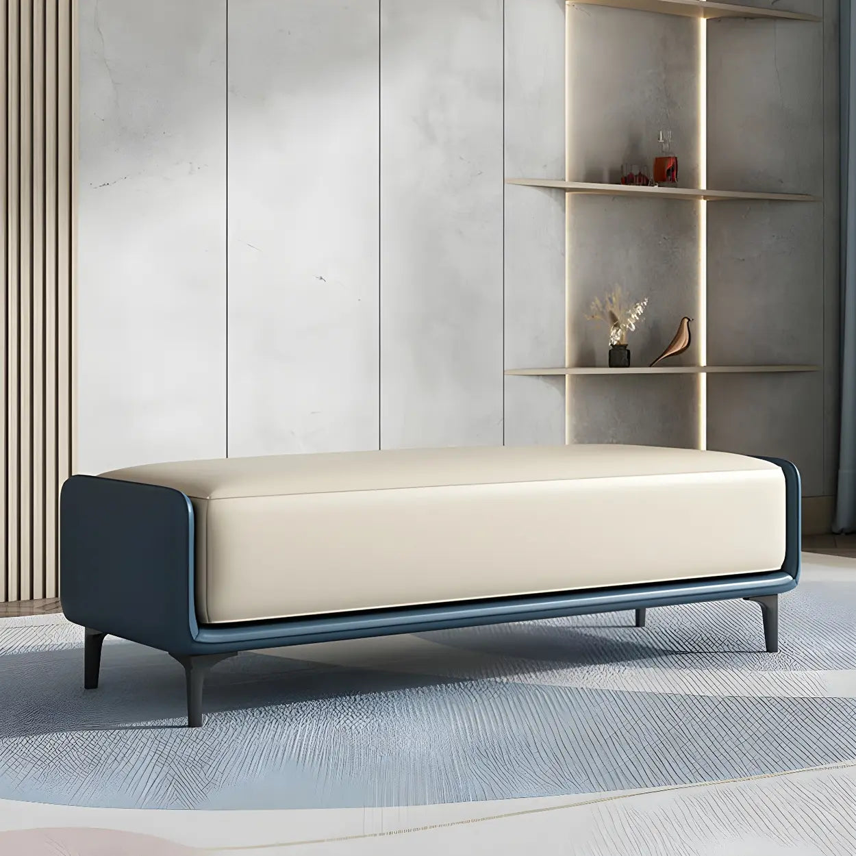 Short Gray Leather Upholstered Bedroom Bench — Light Gray/ Orange / Microfiber Leather
