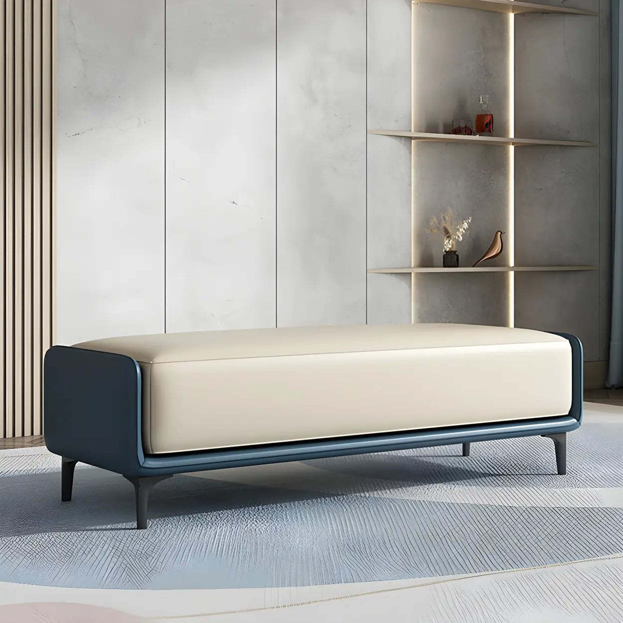 Short Gray Leather Upholstered Bedroom Bench — Light Gray/ Orange / Microfiber Leather