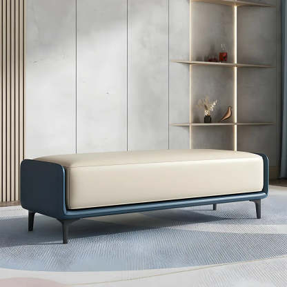Short Gray Leather Upholstered Bedroom Bench — Light Gray/ Orange / Microfiber Leather