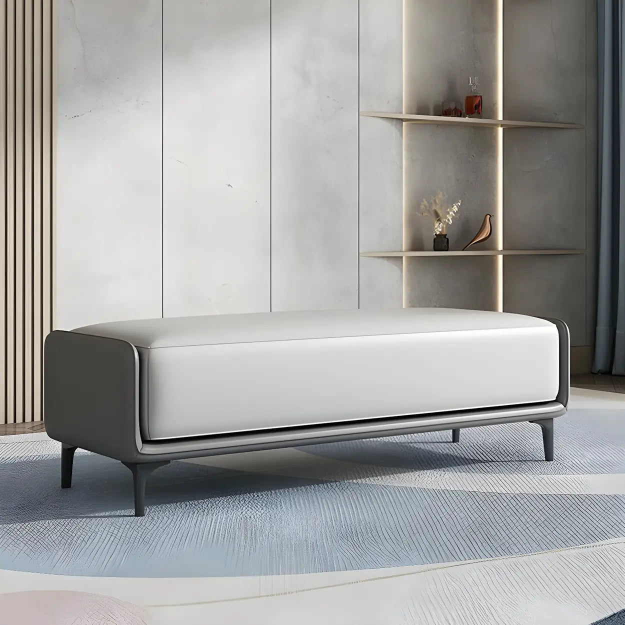 Short Gray Leather Upholstered Bedroom Bench — Grey/Blue / Nappa