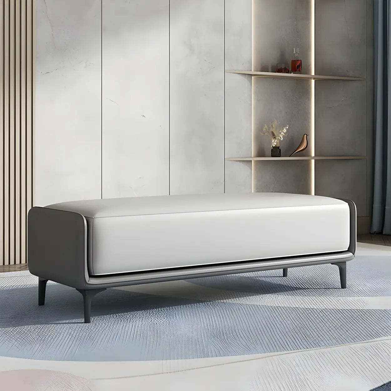 Short Gray Leather Upholstered Bedroom Bench — Grey/Blue / Nappa