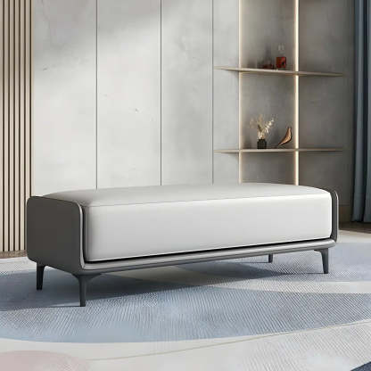 Short Gray Leather Upholstered Bedroom Bench — Grey/Blue / Nappa